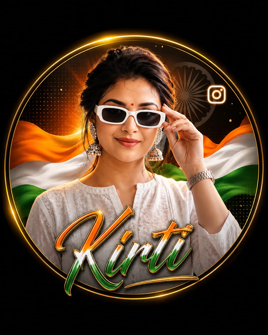 Elegant style Independence Day DP prompt for women with tricolor circle frame and name typography