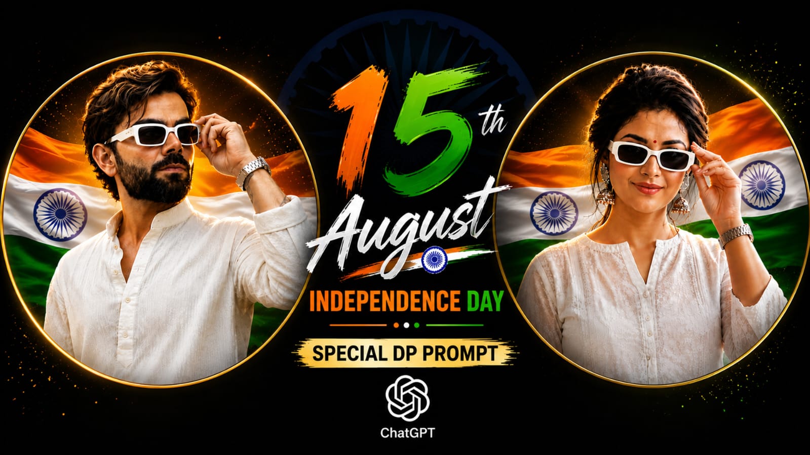 Independence Day special DP prompt for 15 August using ChatGPT with man and woman tricolor circle frame photos