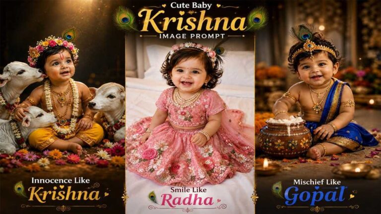 Cute baby Krishna AI photo prompt collage showing baby dressed as Krishna with calves, baby girl in pink Radha lehenga, and baby Krishna with butter pot