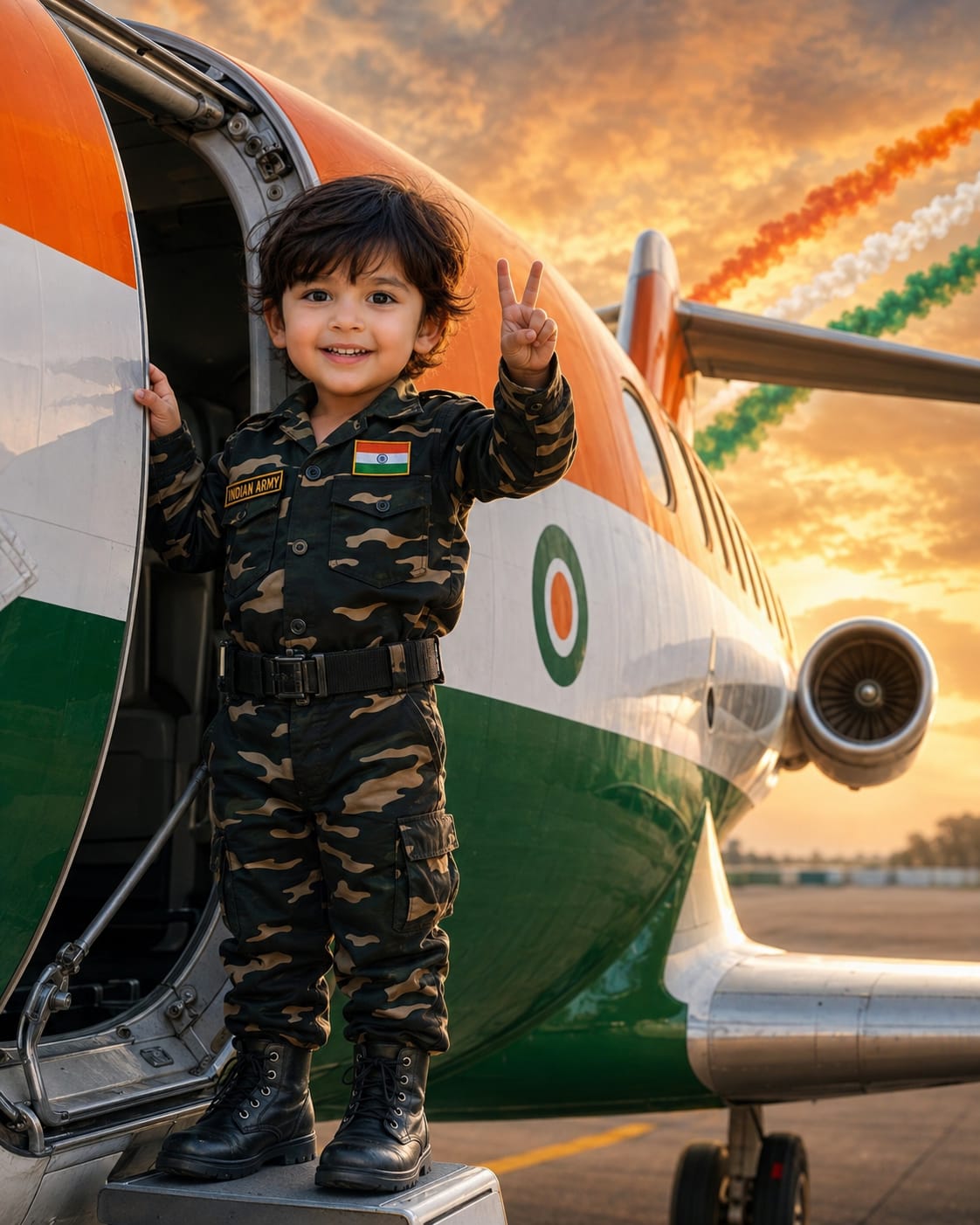 Little boy in Indian Army uniform giving victory sign at airplane door - Independence Day AI photo prompt