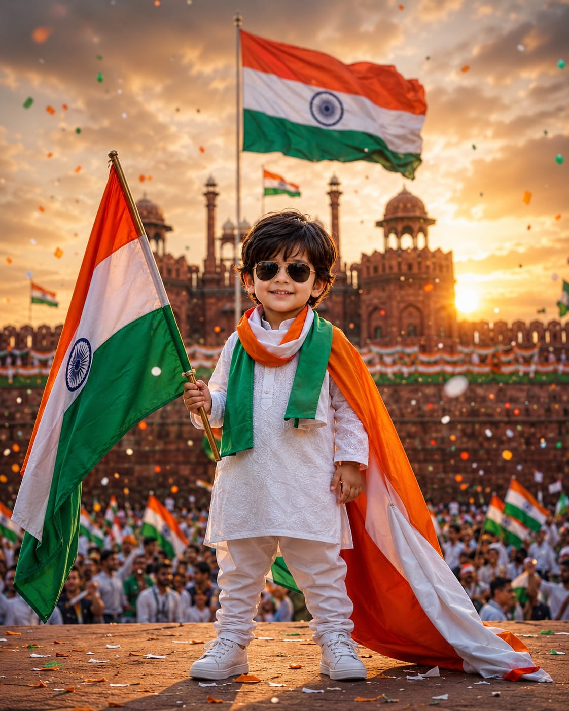 Cute Indian boy holding Indian flag in front of Red Fort - 15th August special childrens image prompt