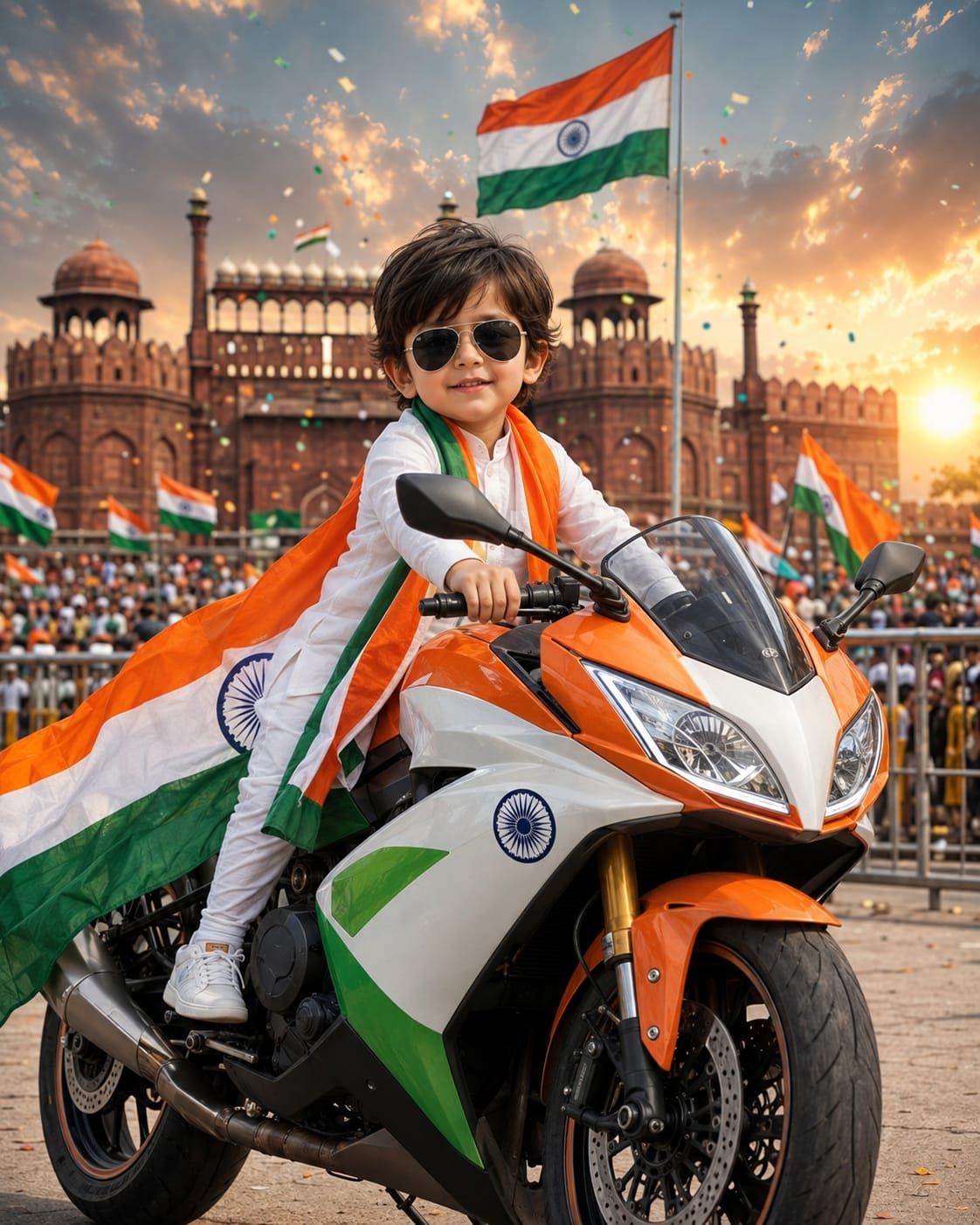 Stylish Indian boy sitting on tricolor sports bike in front of Red Fort - Independence Day AI photo prompt