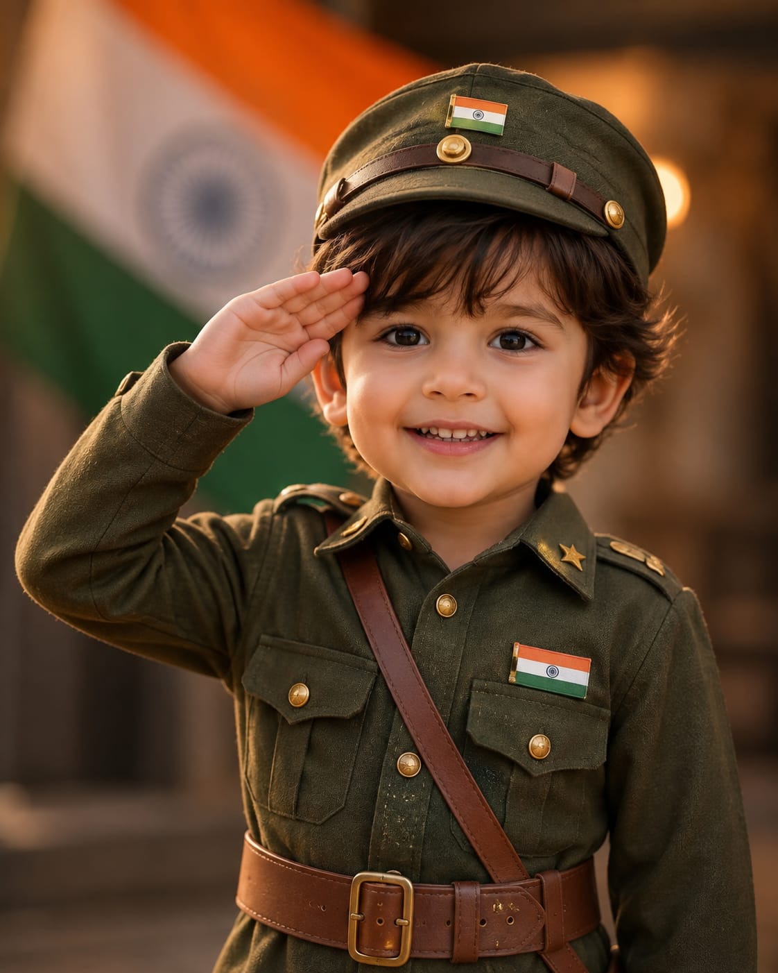 Young boy in vintage olive green army uniform saluting Indian flag - kids Independence Day photo prompt
