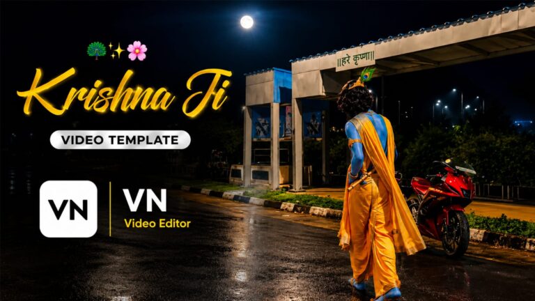 Krishna Ji VN video template thumbnail with Hare Krishna gate at night
