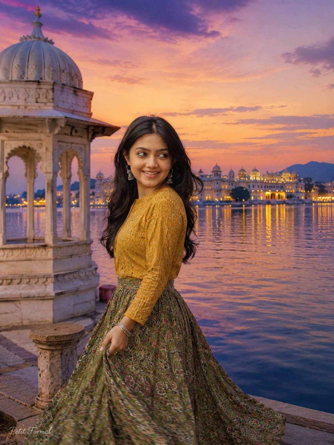 Lake Pichola sunset AI photo prompt Jaipur aesthetic portrait