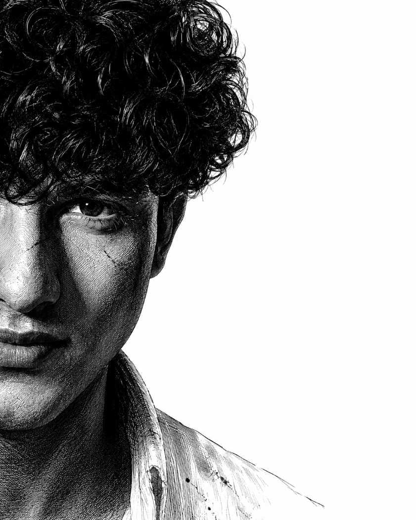 Black and white noir engraving style AI portrait prompt close-up of a man