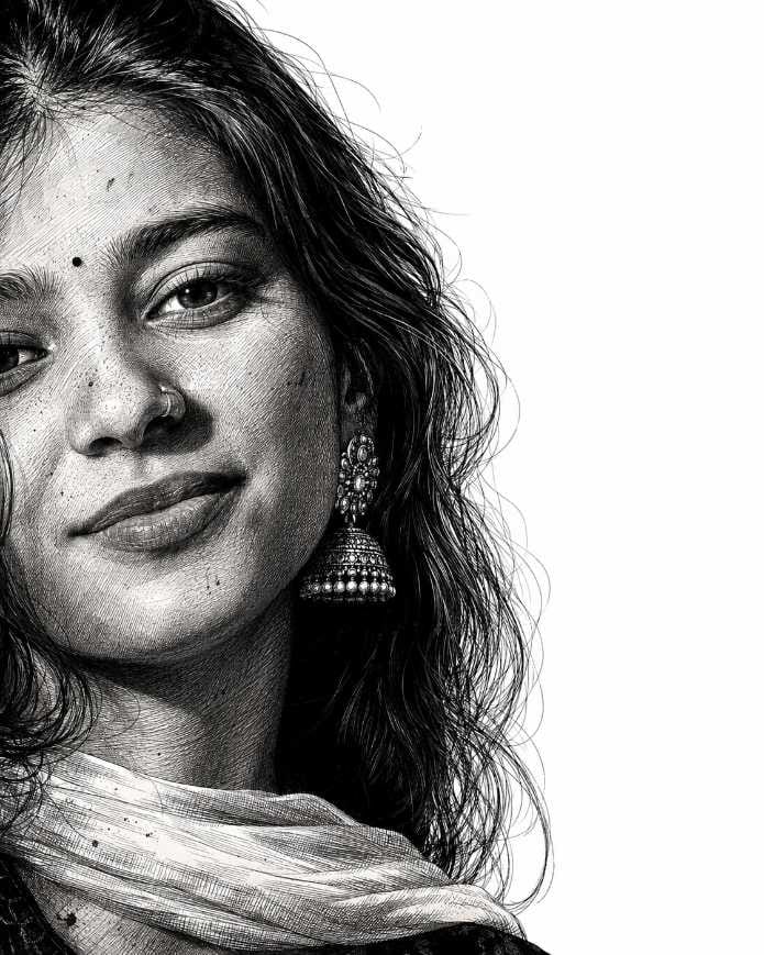Black and white noir engraving style AI portrait prompt close-up of a woman