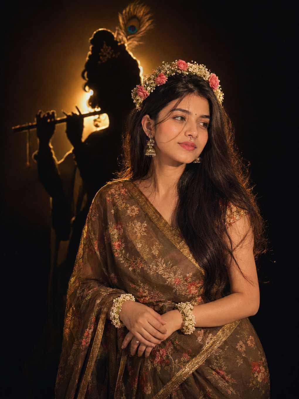 Radha rani ai photo prompt in brown floral saree with Krishna silhouette playing flute in background