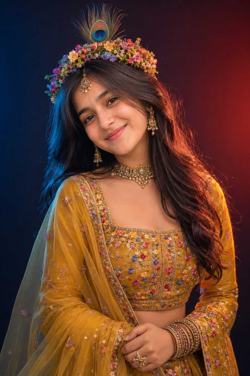 Radha rani ai photo prompt mustard dual-tone studio look with floral crown and peacock feather