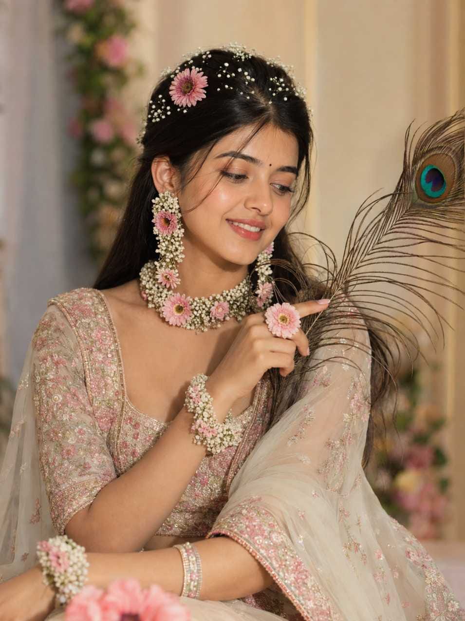 Radha rani ai photo prompt pastel gerbera floral jewellery close up with peacock feather