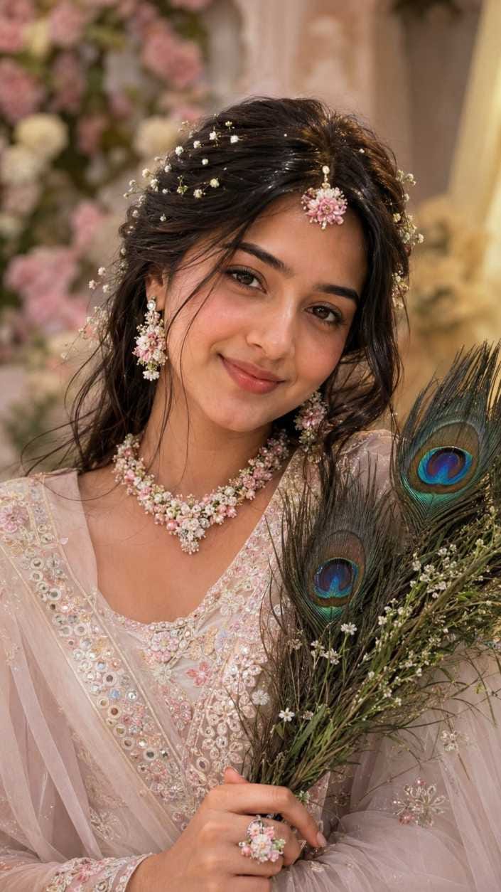Radha rani ai photo prompt pastel peacock feather look with floral hair accessories