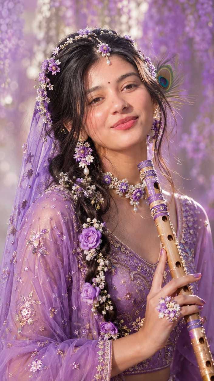 Radha rani ai photo prompt purple bansuri look with floral jewellery and peacock feather