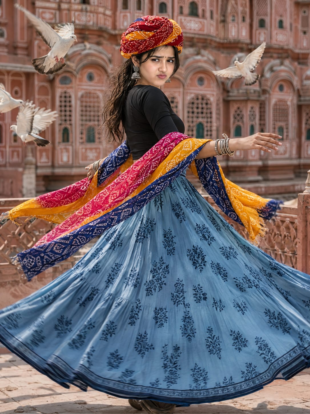 Rajasthani turban bandhani dupatta twirl AI photo prompt Hawa Mahal