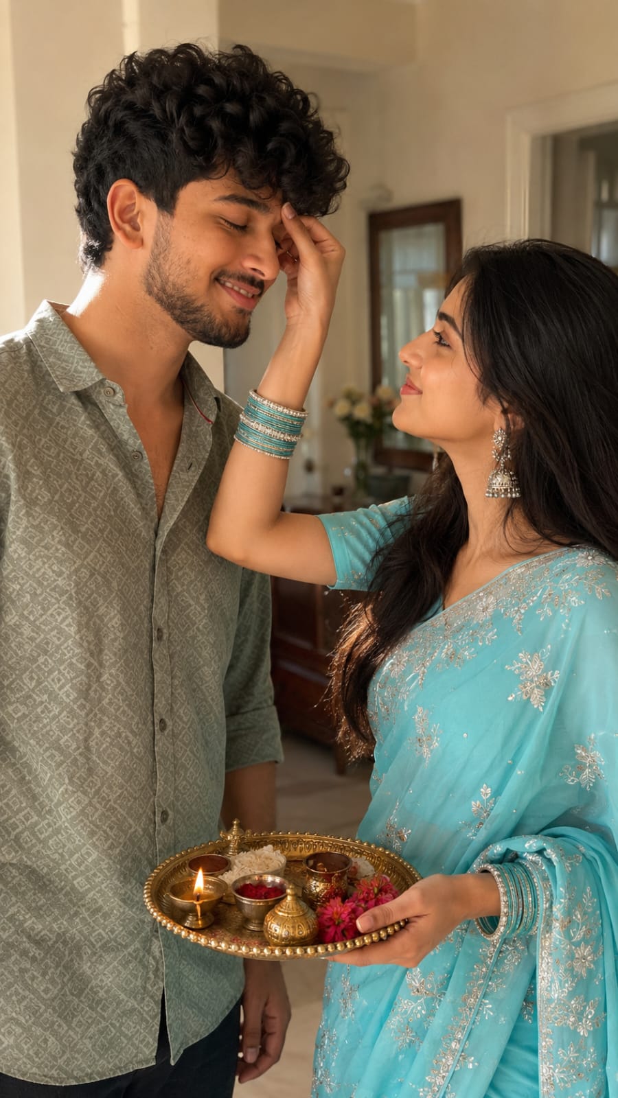 Raksha Bandhan AI photo prompt puja thali forehead touch style - RonyTica