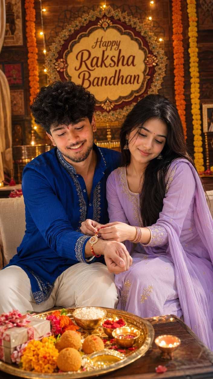Raksha Bandhan AI photo prompt Happy Raksha Bandhan banner style - RonyTica