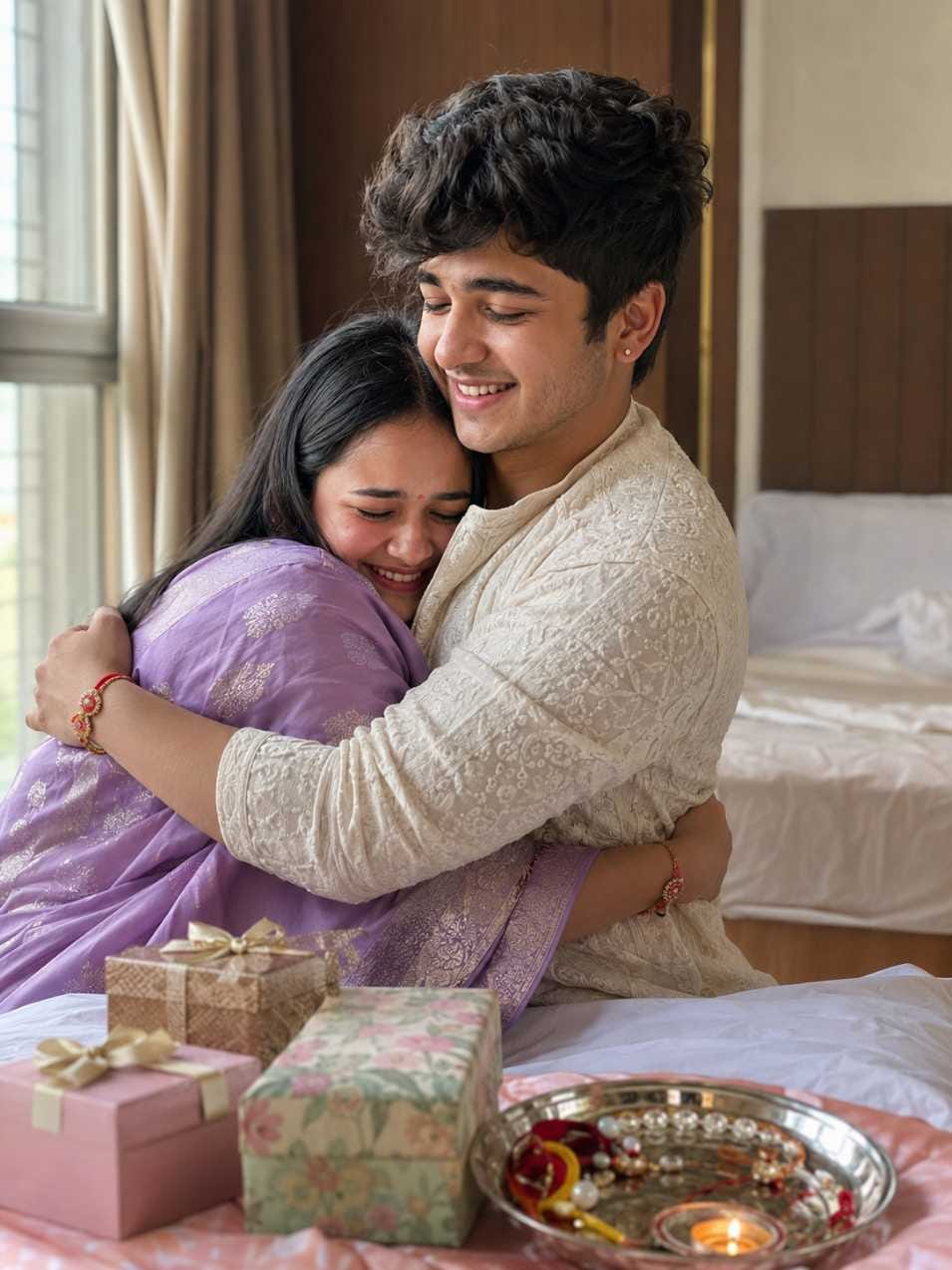 Raksha Bandhan AI photo prompt warm sibling hug thali style - RonyTica