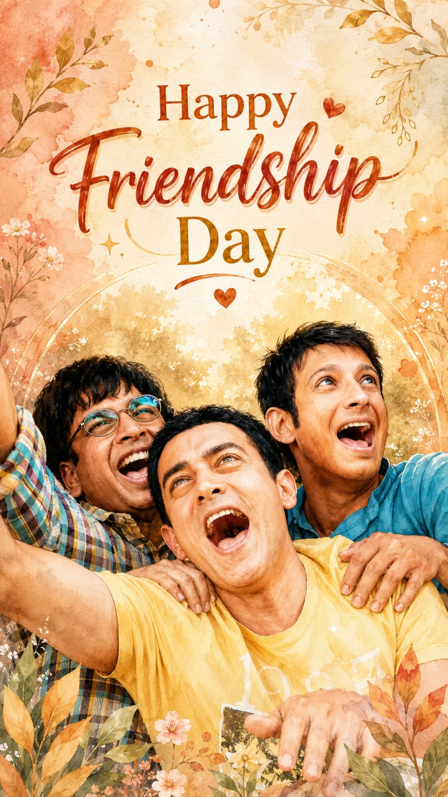 Friendship Day watercolour style AI poster with friends hugging