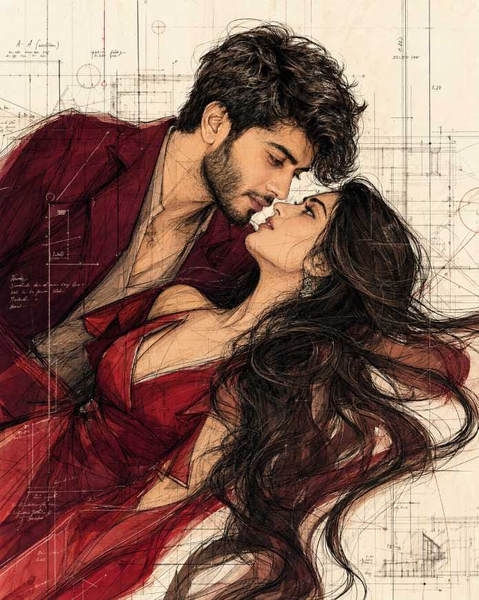Romantic couple AI photo prompt in artistic fashion sketch style with red tones