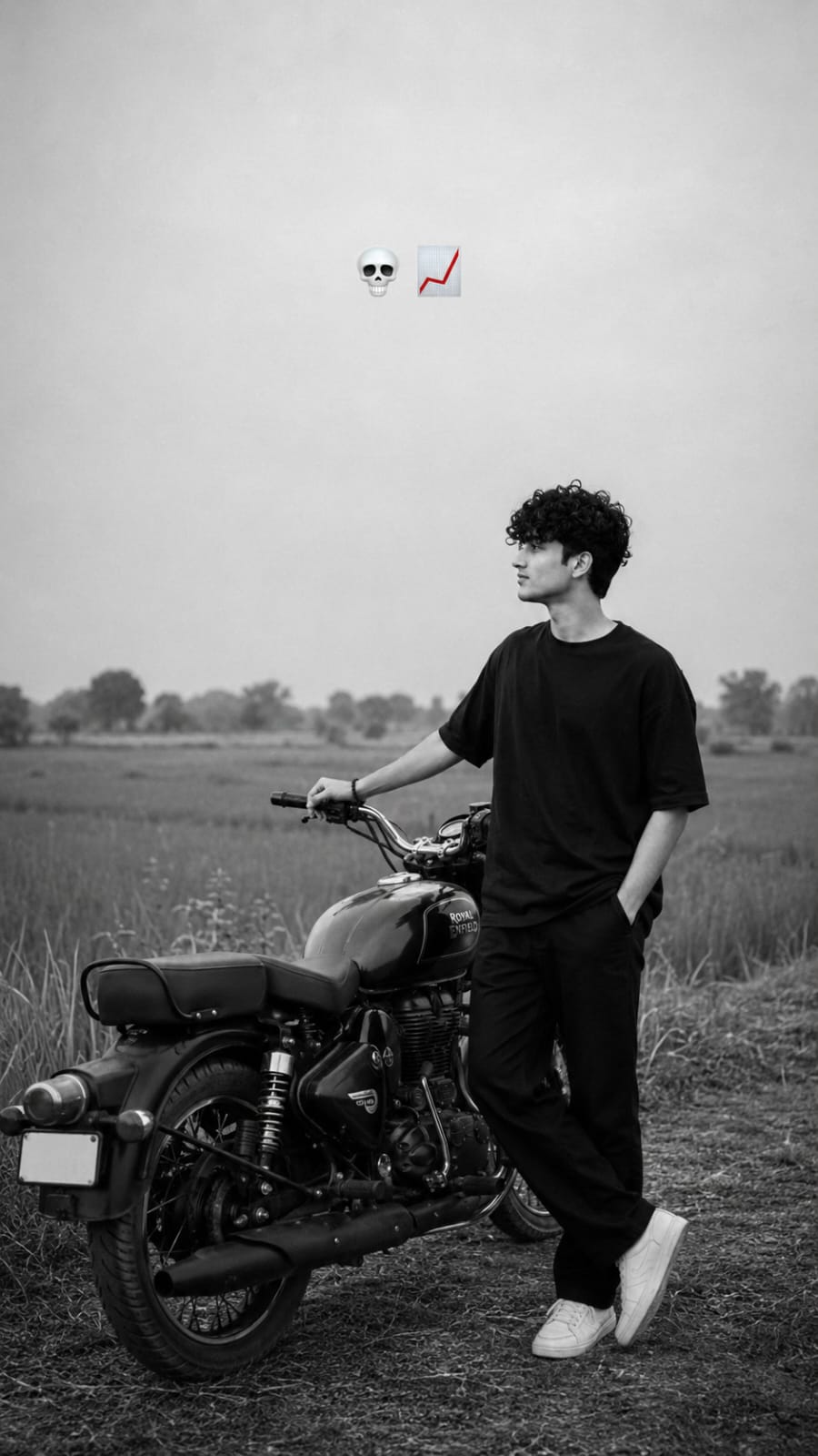 Boy standing beside a black Royal Enfield Bullet bike in a black and white cinematic AI photo, RonyTica prompt example
