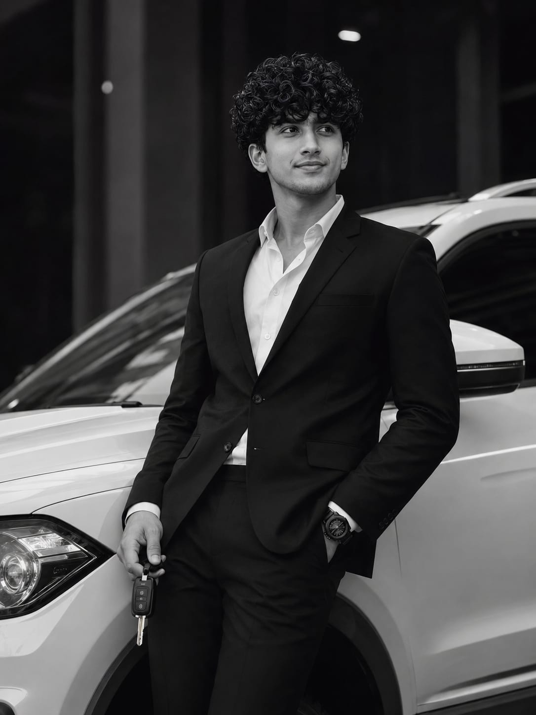 Boy in black suit leaning on a white Scorpio car in a black and white AI photo, RonyTica prompt example