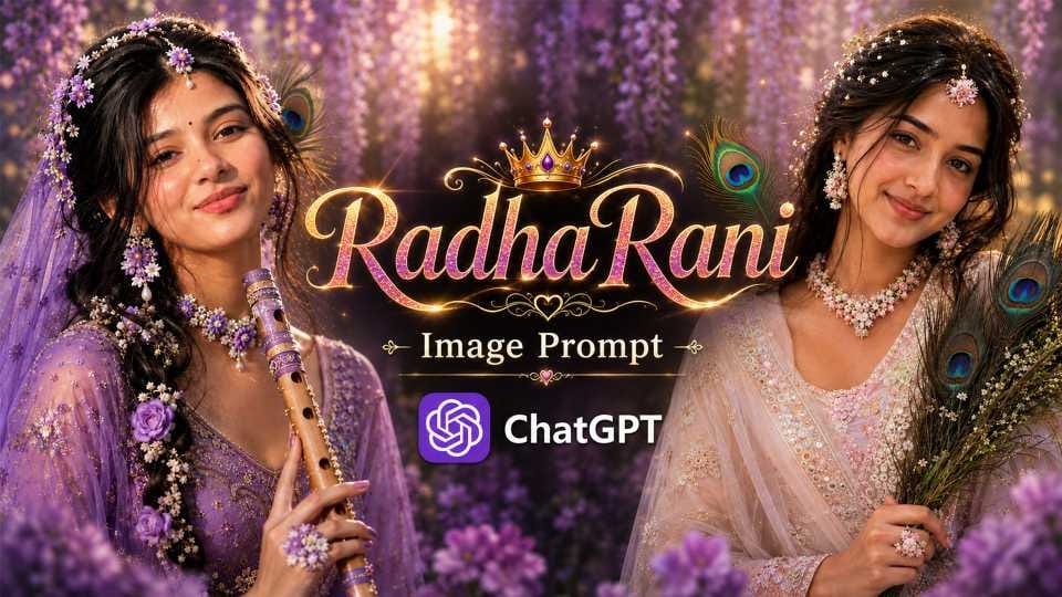Traditional Radha Rani AI image prompt thumbnail with ChatGPT logo showing two Radha Rani style portraits