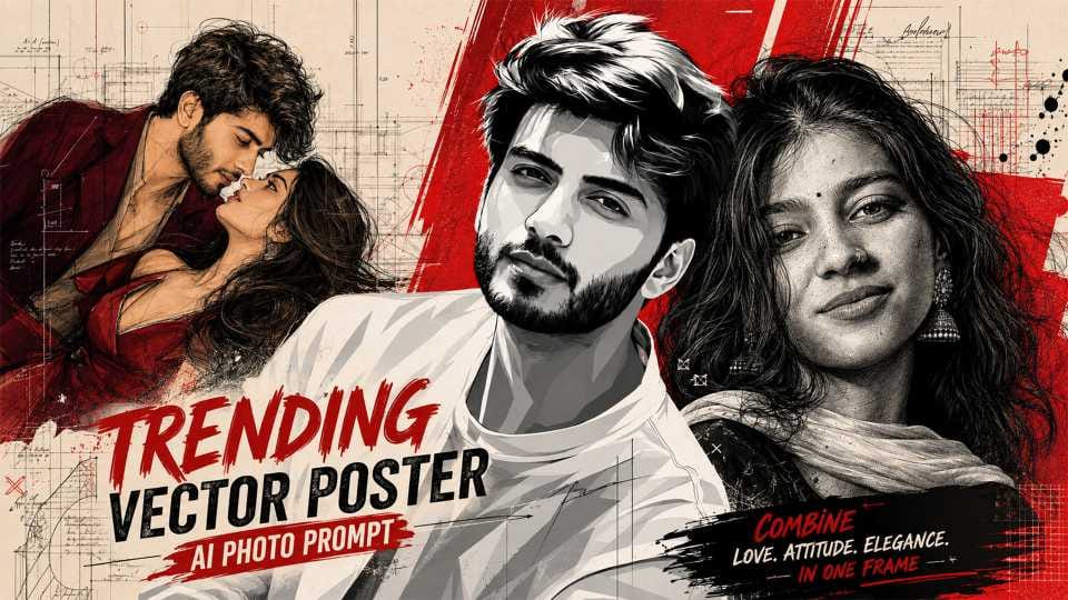 Trending AI portrait poster prompt example showing viral vector art and black and white poster style photo