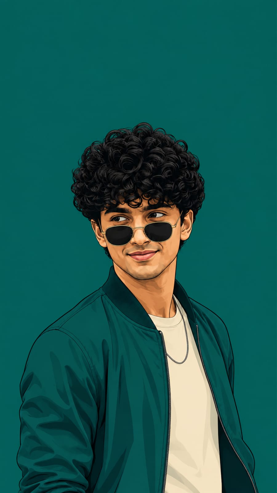 Boy in teal jacket with sunglasses in trending victor poster AI photo prompt vector art style