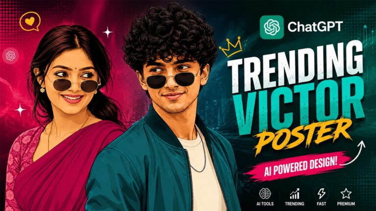 Trending victor poster AI photo prompt made with ChatGPT showing a girl in saree and a boy in jacket wearing sunglasses on a colourful background