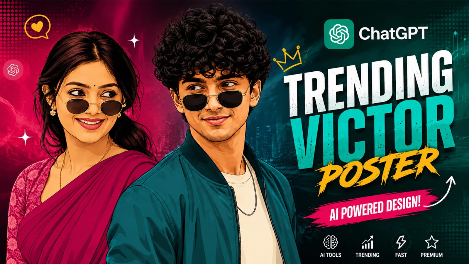 Trending victor poster AI photo prompt made with ChatGPT showing a girl in saree and a boy in jacket wearing sunglasses on a colourful background