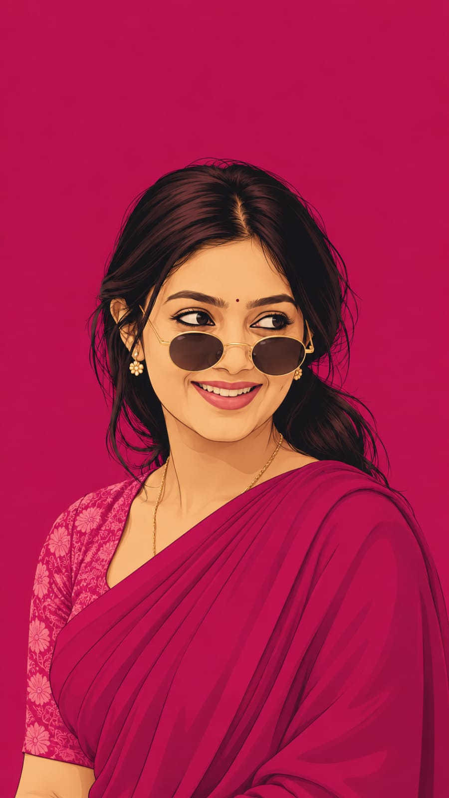 Girl in magenta saree with sunglasses in trending victor poster AI photo prompt vector art style