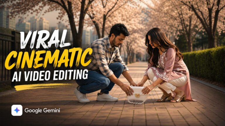 Viral cinematic AI video editing trend showing a couple in a cherry blossom street using Google Gemini Veo3 prompt