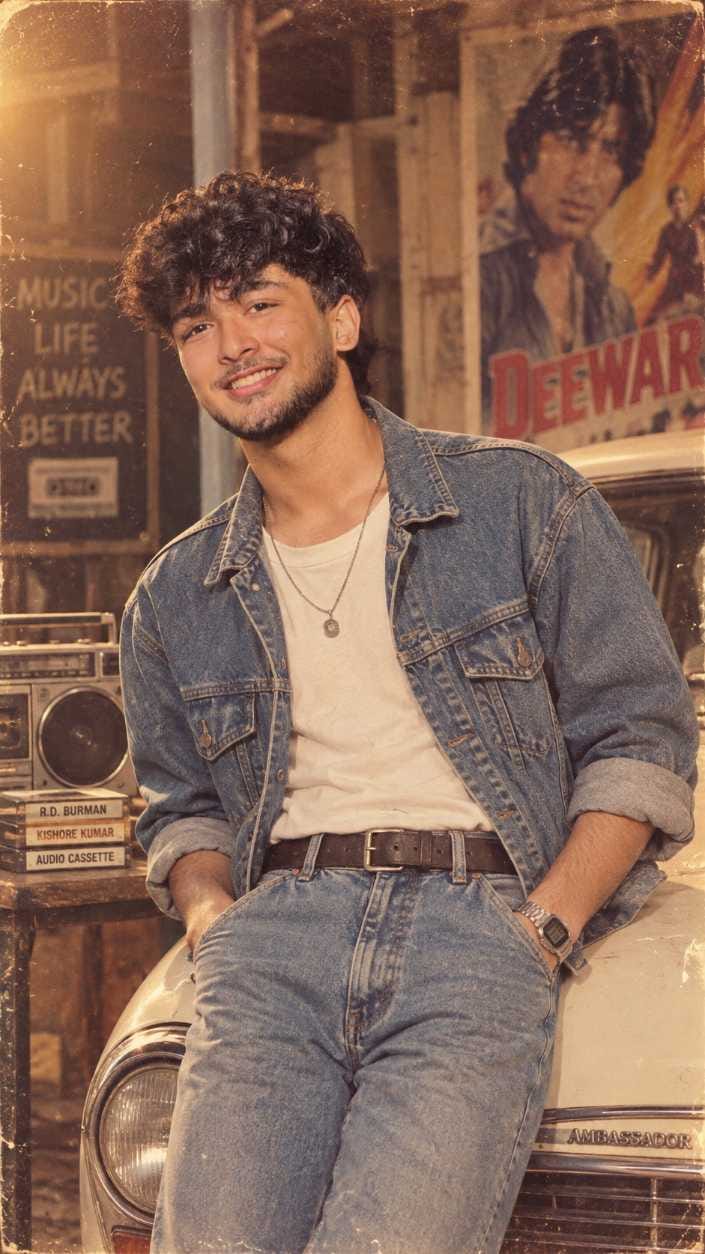 Vintage photo prompt result showing a boy in denim jacket near a boombox and old audio cassettes