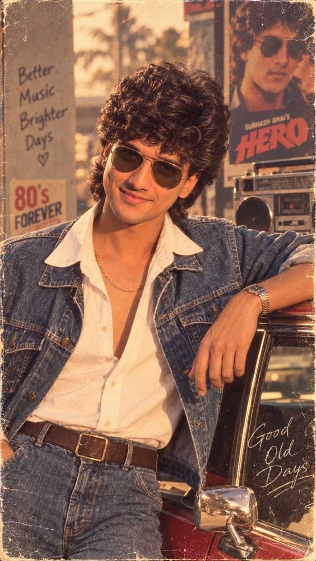 Trending 80s prompt result showing a boy in denim jacket and sunglasses with retro poster background