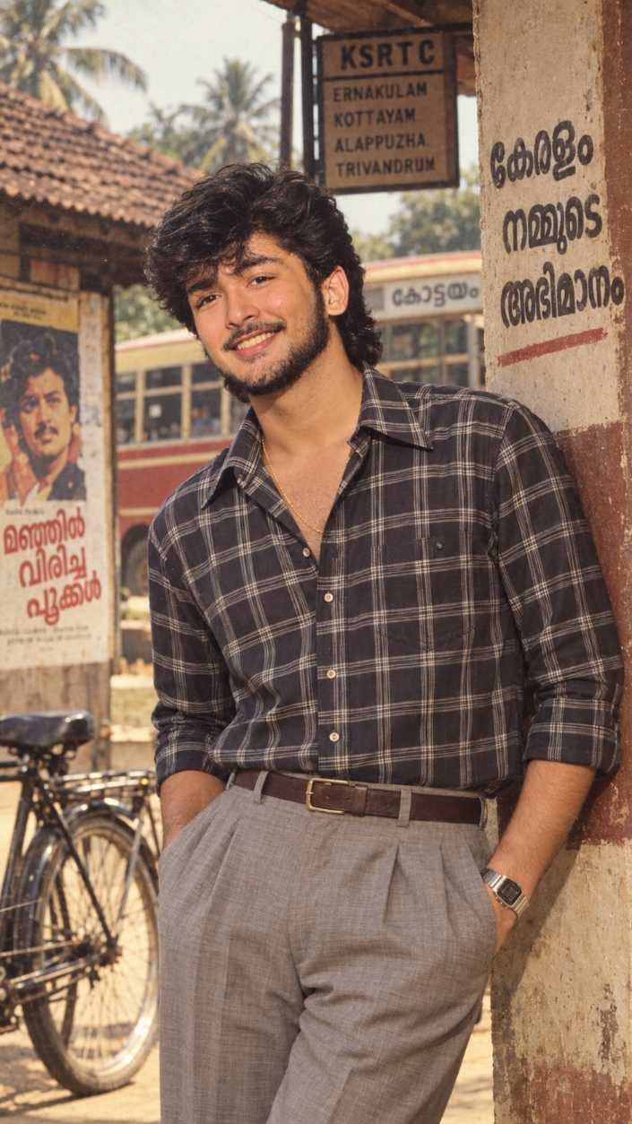80s chatgpt prompt result showing a boy in plaid shirt standing near a vintage bus stop