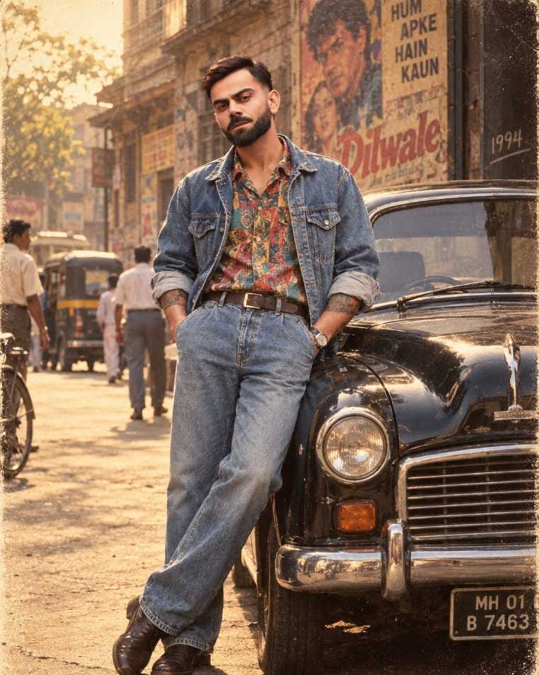 Trending 80s prompt result showing a man in denim jacket leaning on a vintage car on an old city street