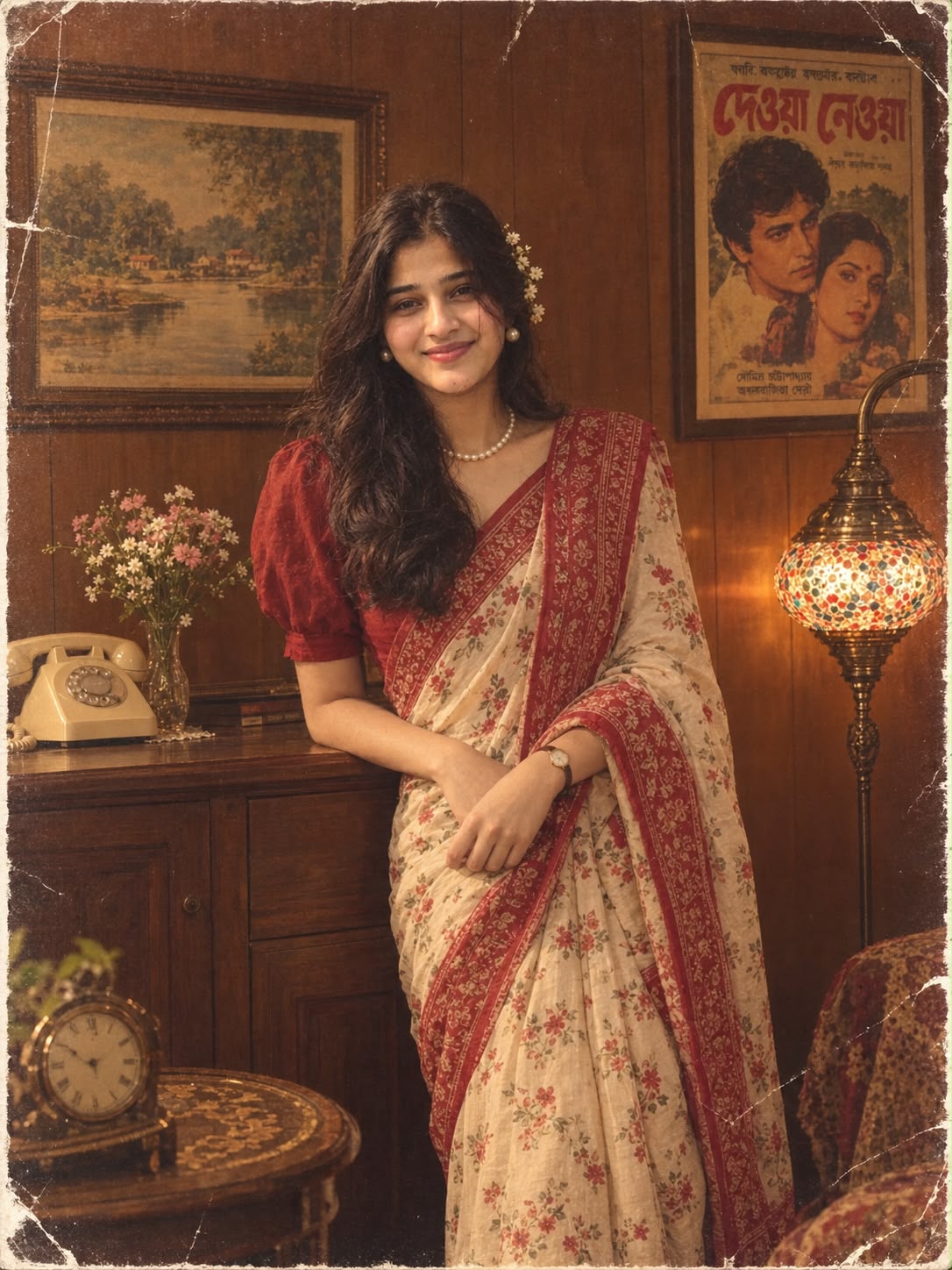 1980s prompt result showing a girl in floral saree standing in a retro decorated room