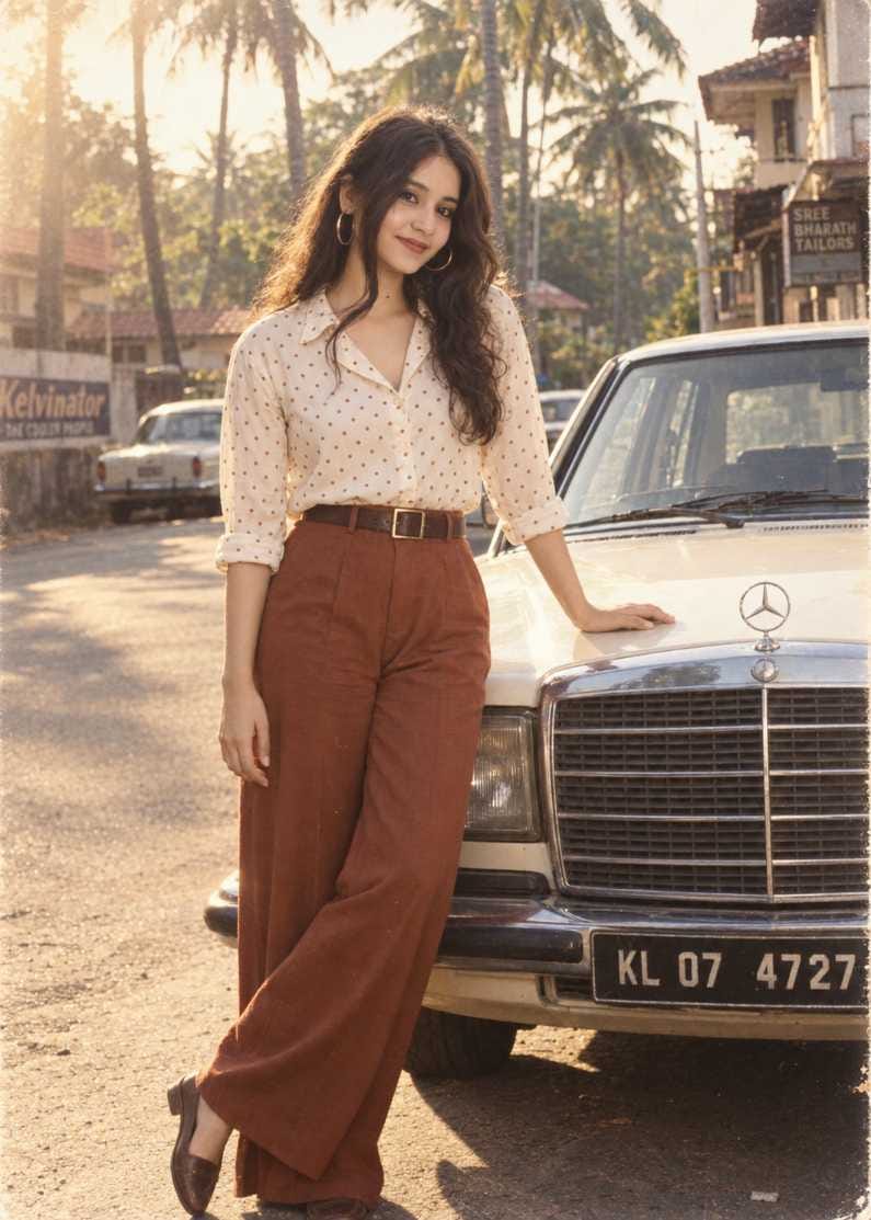 Vintage photo prompt result showing a girl in polka dot shirt standing beside a retro car