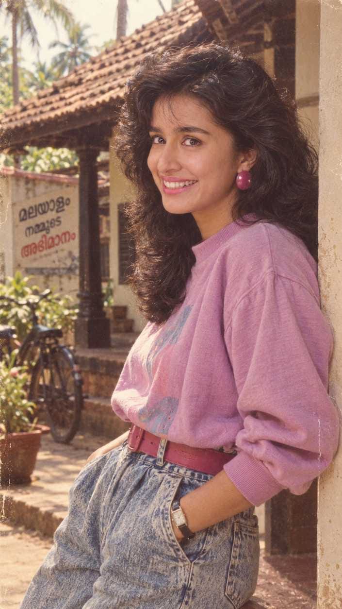 80s look prompt result showing a girl in purple sweatshirt and jeans with retro village background