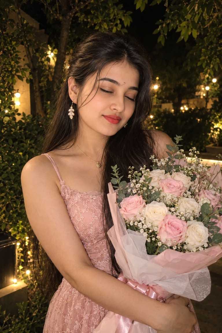 Girl holding pink and white rose bouquet in a fairy light garden turned into AI lockscreen wallpaper prompt style illustration