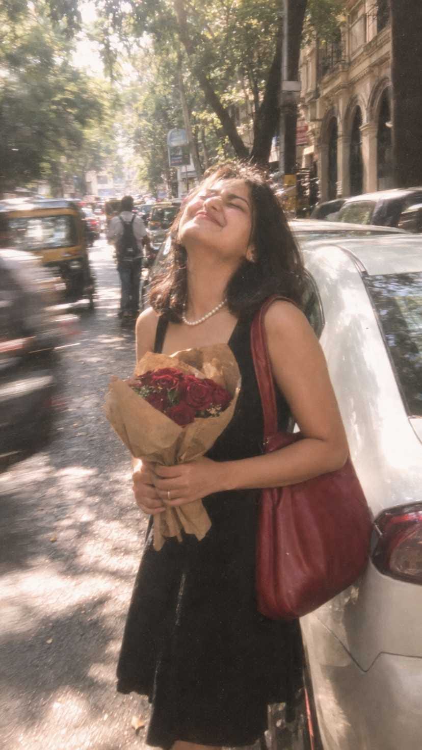 Girl holding rose bouquet on city street turned into AI lockscreen wallpaper prompt style illustration