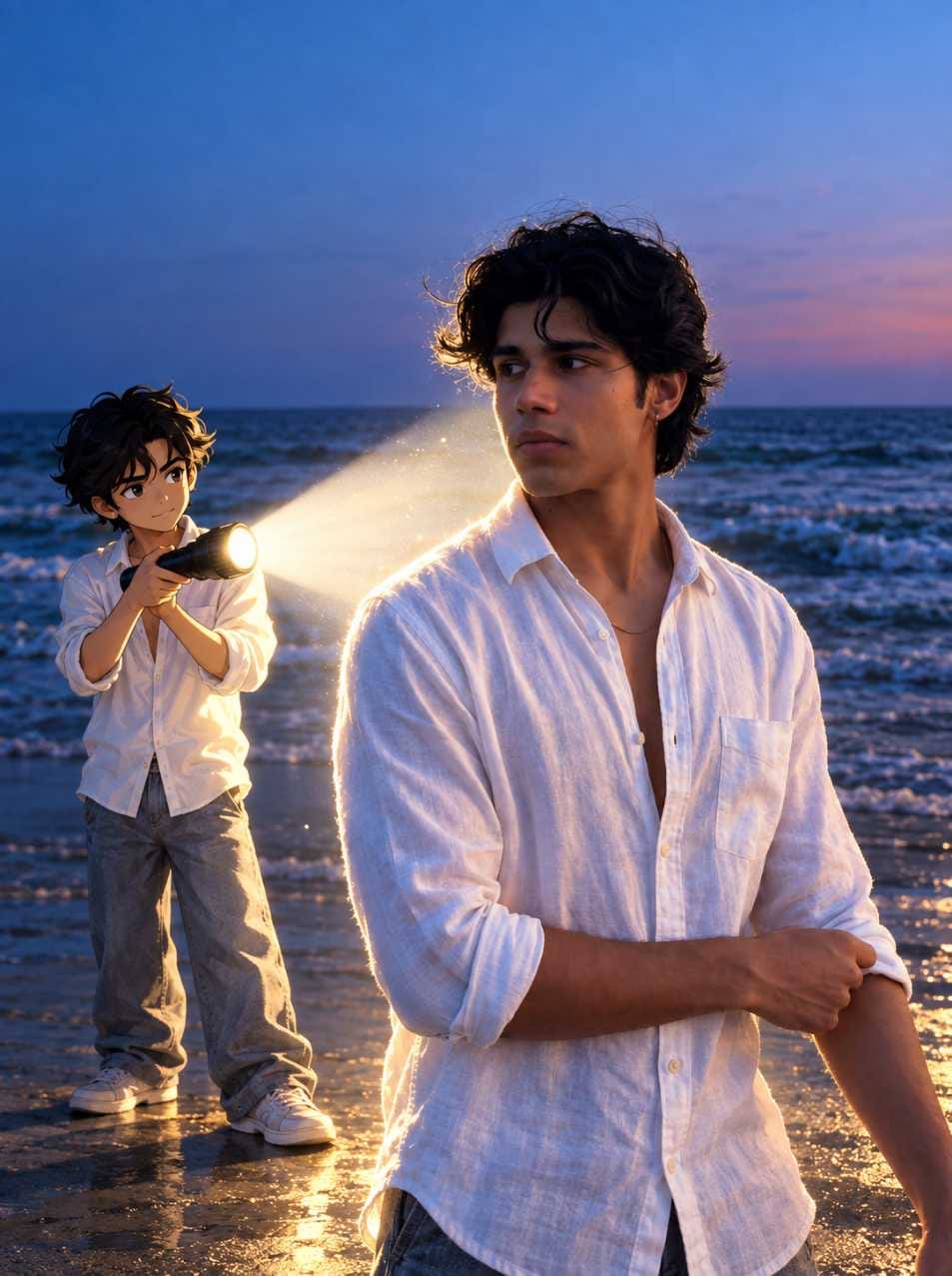 Anime clone flashlight photo prompt result of a young man in a white shirt on a beach with a small anime clone holding a flashlight