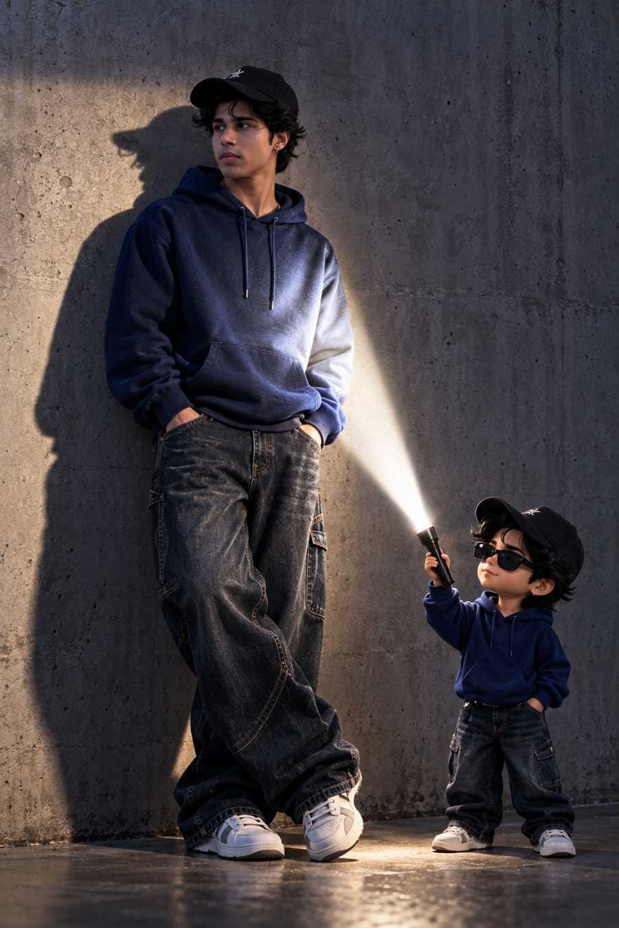 Anime clone flashlight photo prompt result of a young man in a navy hoodie and black cap with a small anime clone holding a flashlight