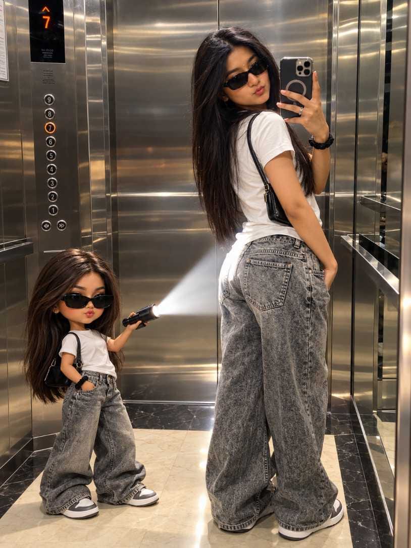 Anime clone flashlight photo prompt result of a young woman taking an elevator selfie with a small doll style clone holding a flashlight