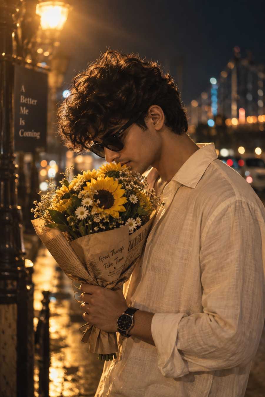 Young man with curly hair and sunglasses smelling a sunflower bouquet on a city street at night, made with a boy holding flowers AI prompt