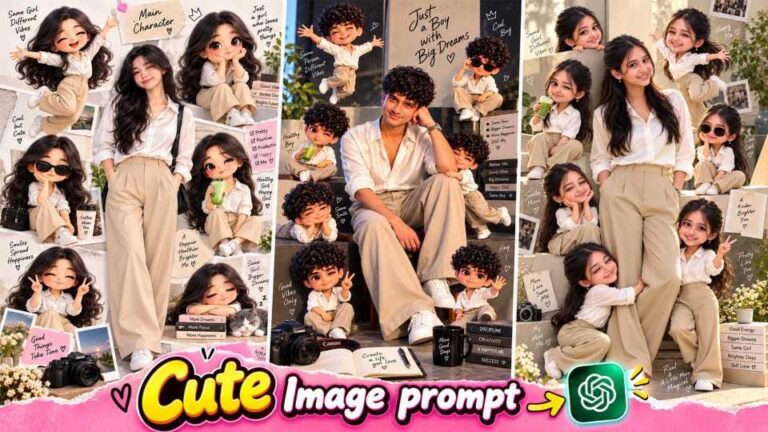 Chibi Portrait Collage prompt featured image showing girl, man and child collage with ChatGPT icon