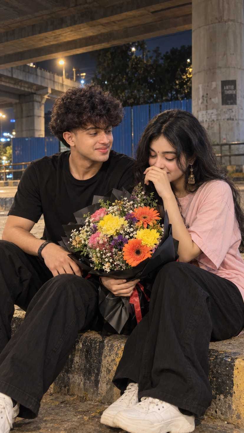 Young couple sitting together at night under a flyover with a colourful flower bouquet, made with a couple flower photo prompt