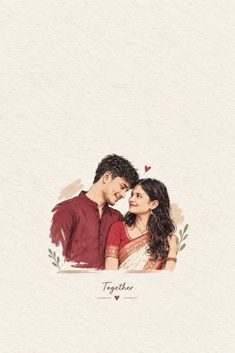 Watercolor style portrait of a smiling Indian couple in traditional dress, the man in a maroon kurta and the woman in a red and cream saree, with the word "Together" written below