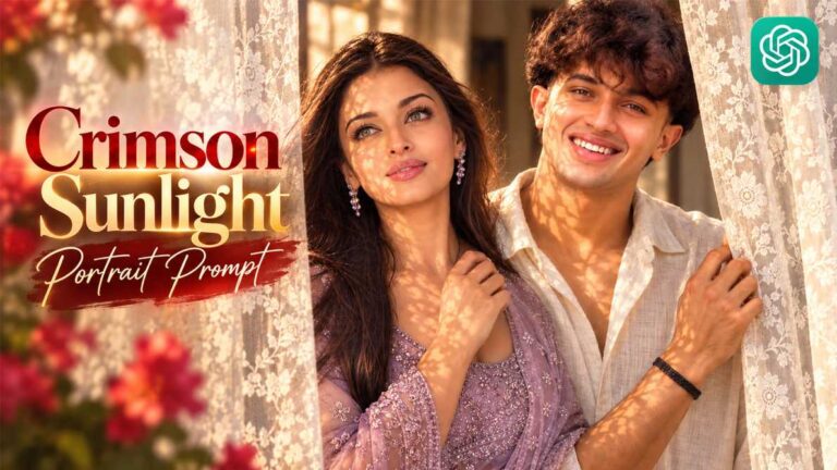 Crimson Sunlight Portrait viral AI photo prompt showing a couple standing behind golden sunlit flower curtains