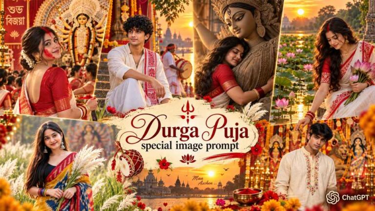 Durga Puja AI photo prompt 2026 collage showing girls in red and white saree with Maa Durga