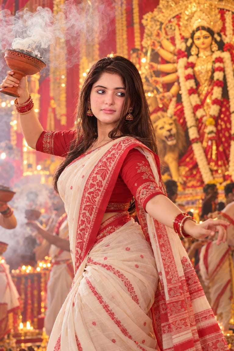 Woman in a red and white saree holding a dhunuchi with smoke in front of the Durga idol at a Durga Puja pandal